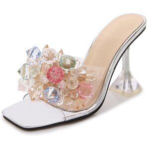 Elegant Women Crystal Flower Silver Heels Square Toe Stiletto Mule Dress Sandals